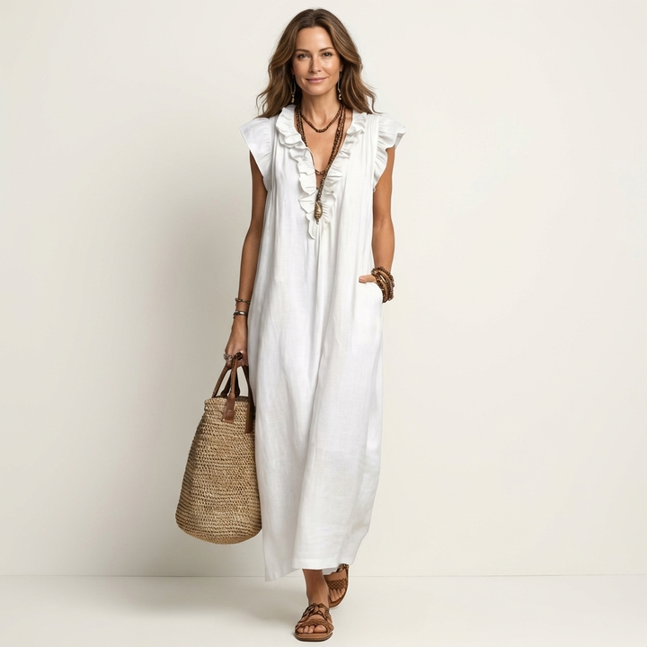 Josette Ruffle V-Neck Linen Maxi Dress