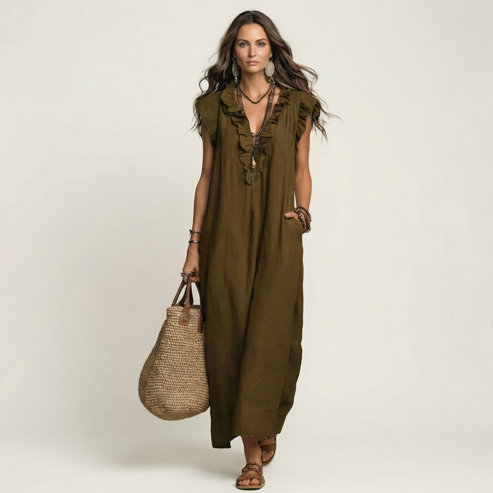 Josette Ruffle V-Neck Linen Maxi Dress