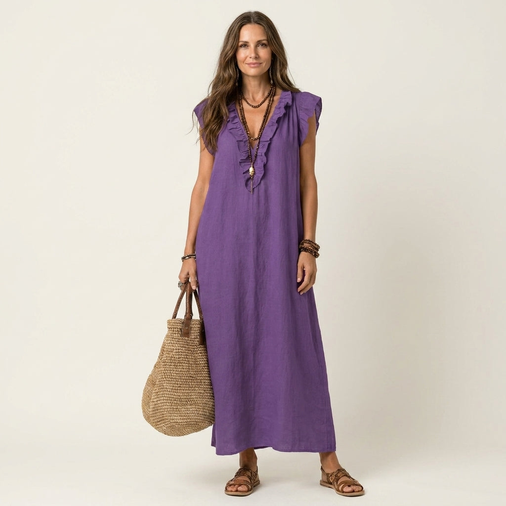 Josette Ruffle V-Neck Linen Maxi Dress