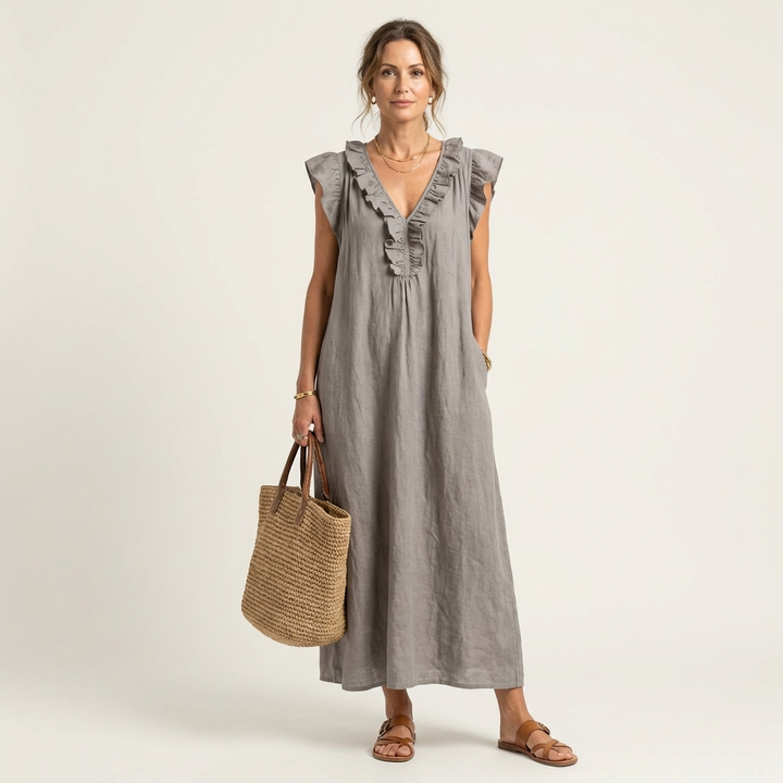 Josette Ruffle V-Neck Linen Maxi Dress