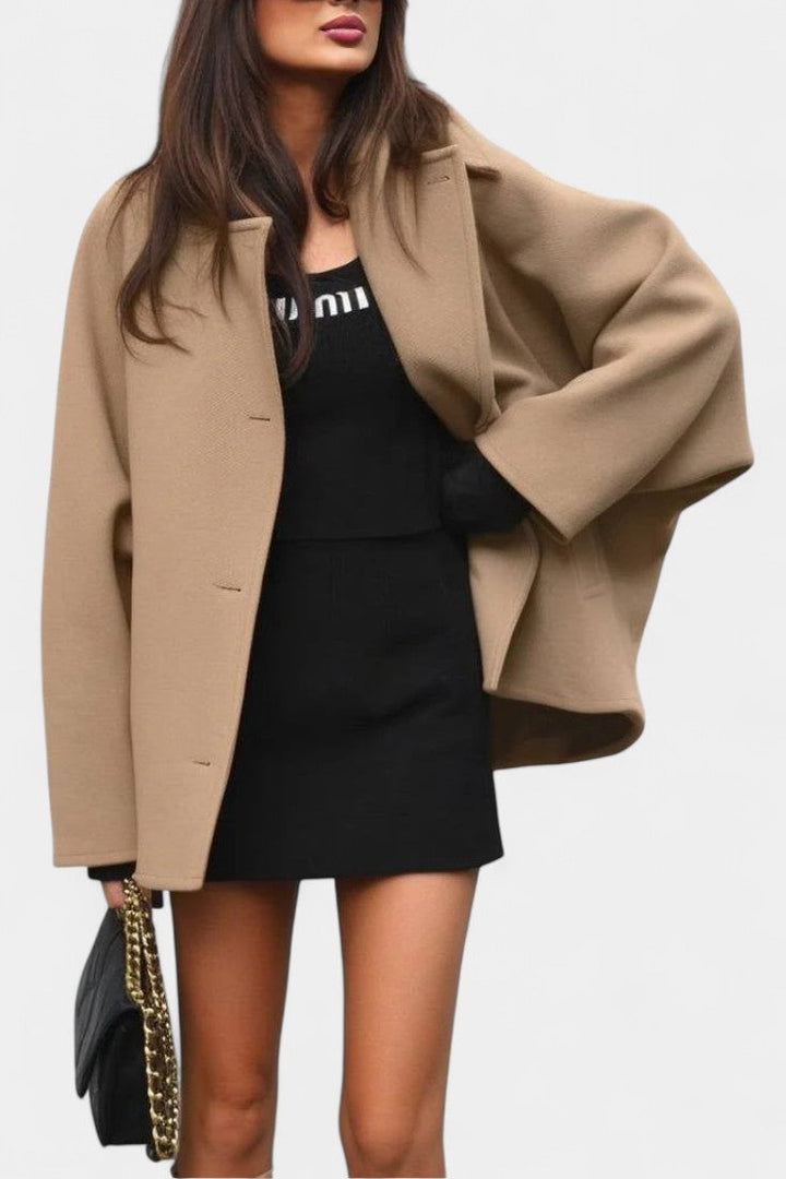 Ambreline Mid-Length Wool Batwing Coat with Notched Collar