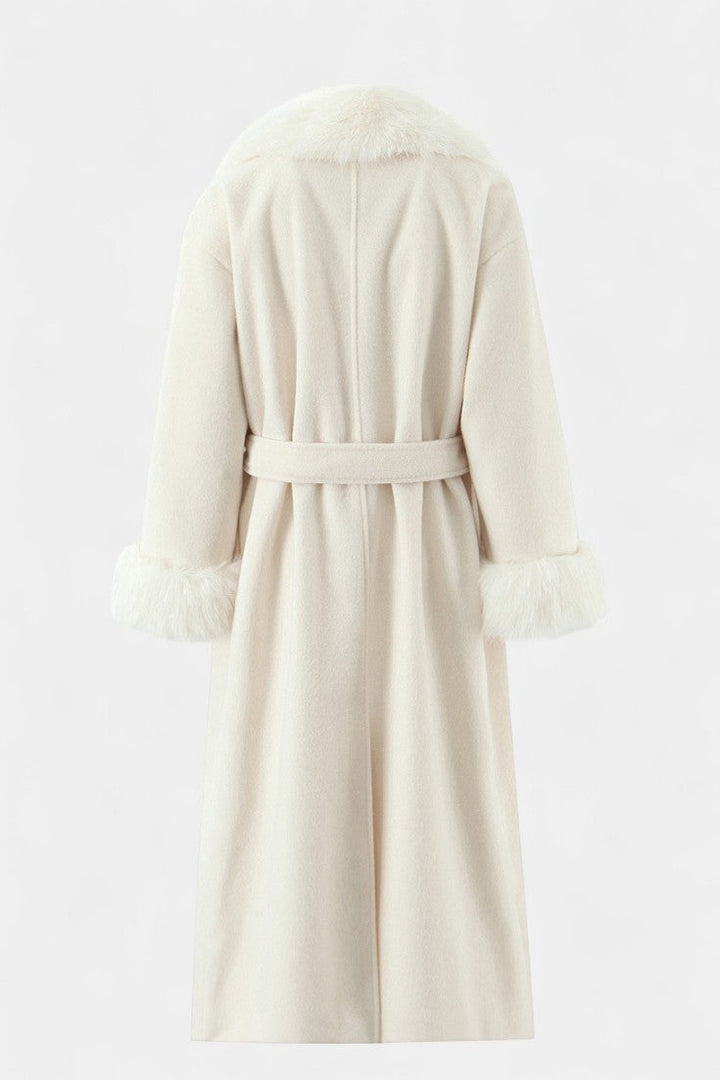 Lalie Long Belted Coat with Faux Fur Trim
