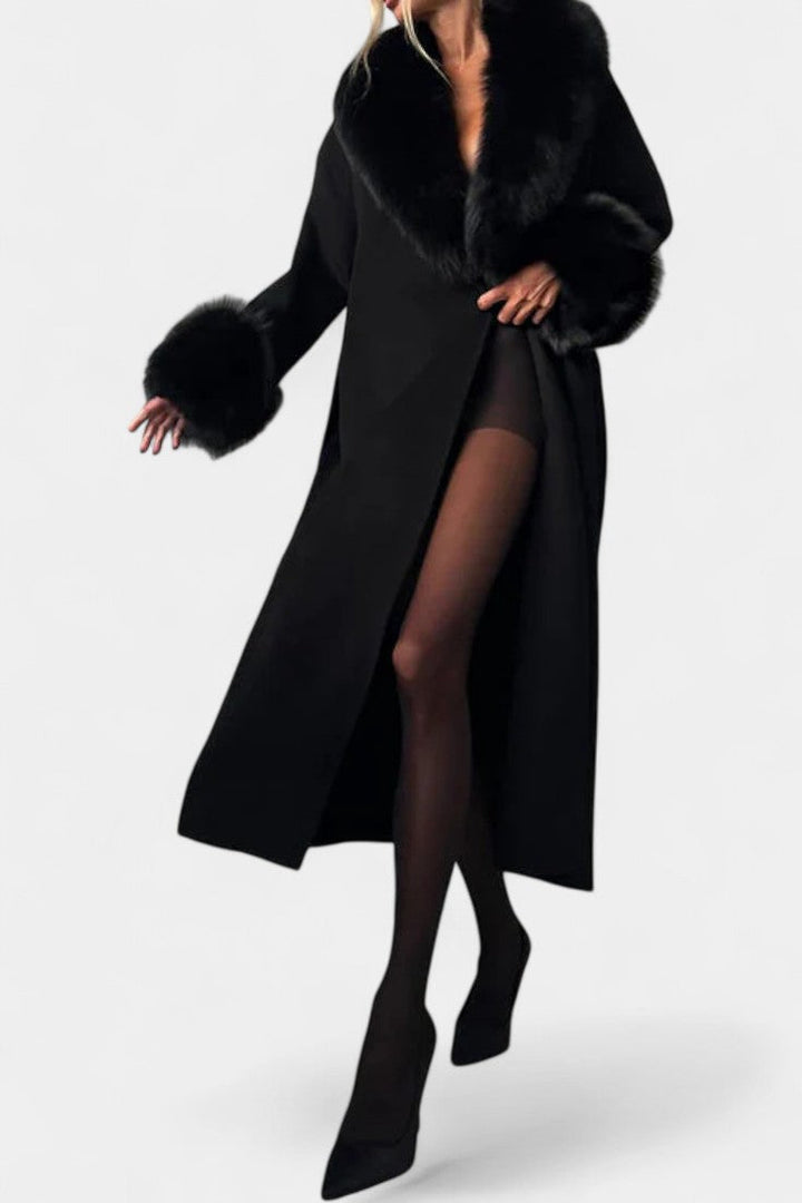 Lalie Long Belted Coat with Faux Fur Trim