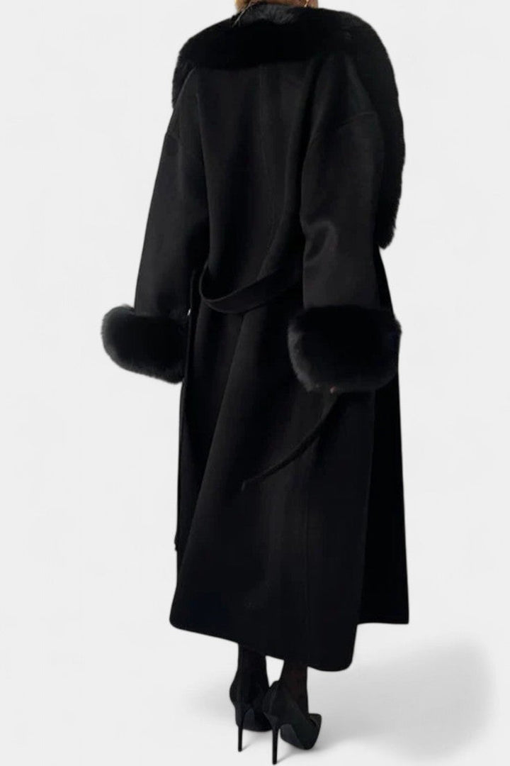 Lalie Long Belted Coat with Faux Fur Trim