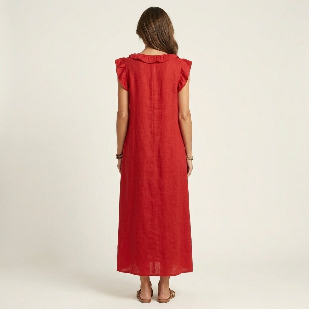 Josette Ruffle V-Neck Linen Maxi Dress