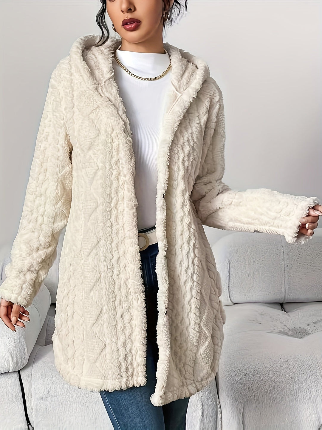 Awhina Hooded Plush Cardigan Coat