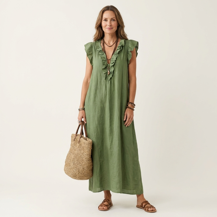 Josette Ruffle V-Neck Linen Maxi Dress
