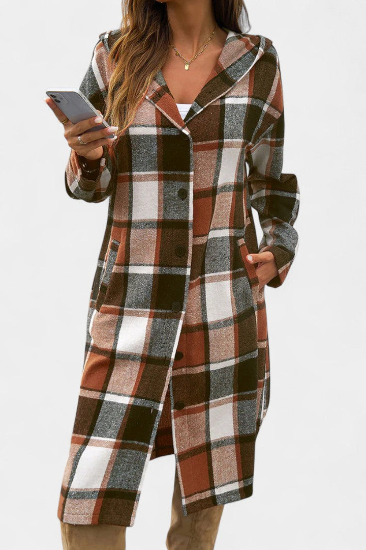 Sandrine Brushed Check Hooded Jacket with Button Closure
