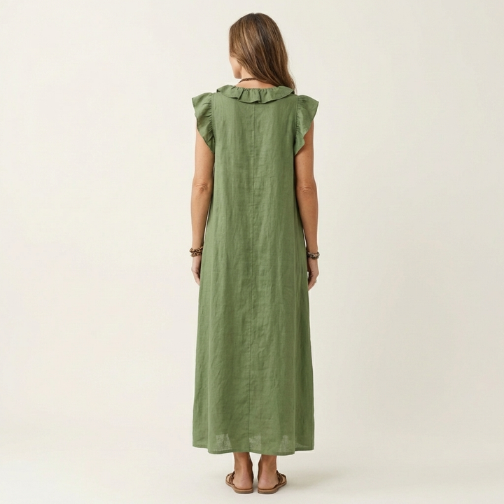 Josette Ruffle V-Neck Linen Maxi Dress