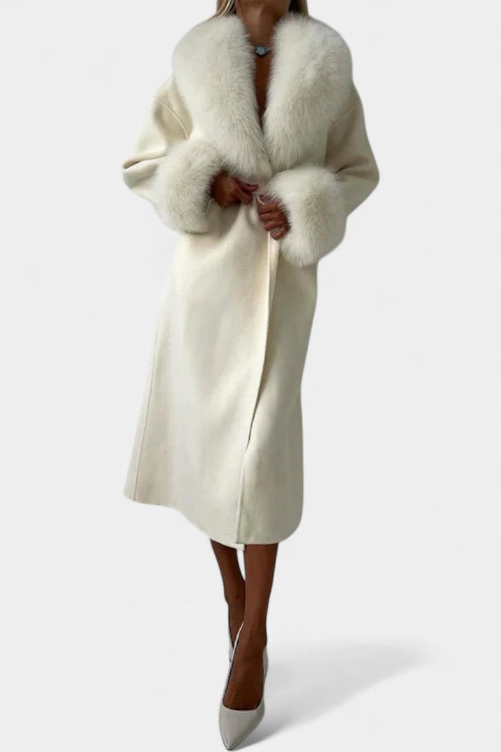 Lalie Long Belted Coat with Faux Fur Trim