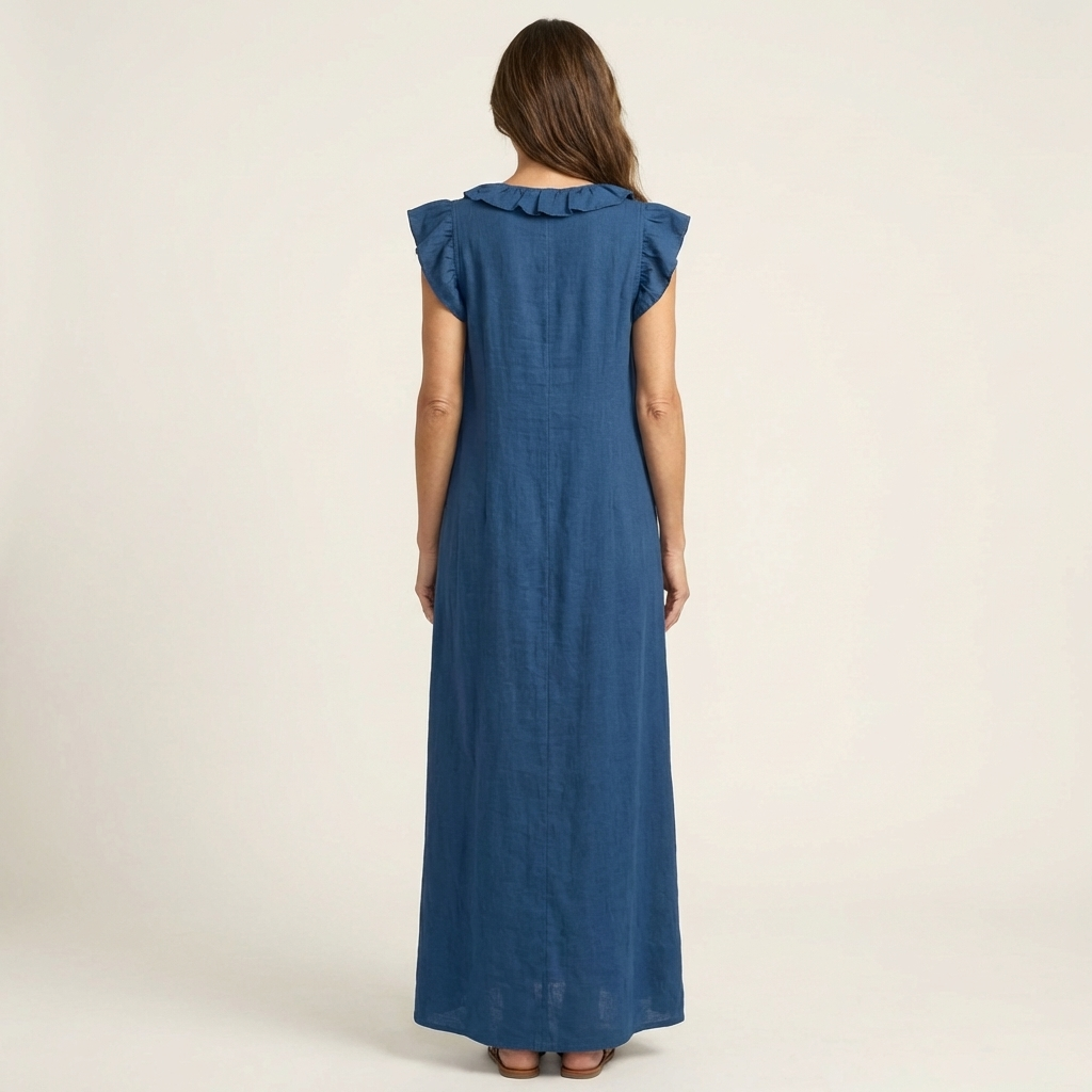 Josette Ruffle V-Neck Linen Maxi Dress