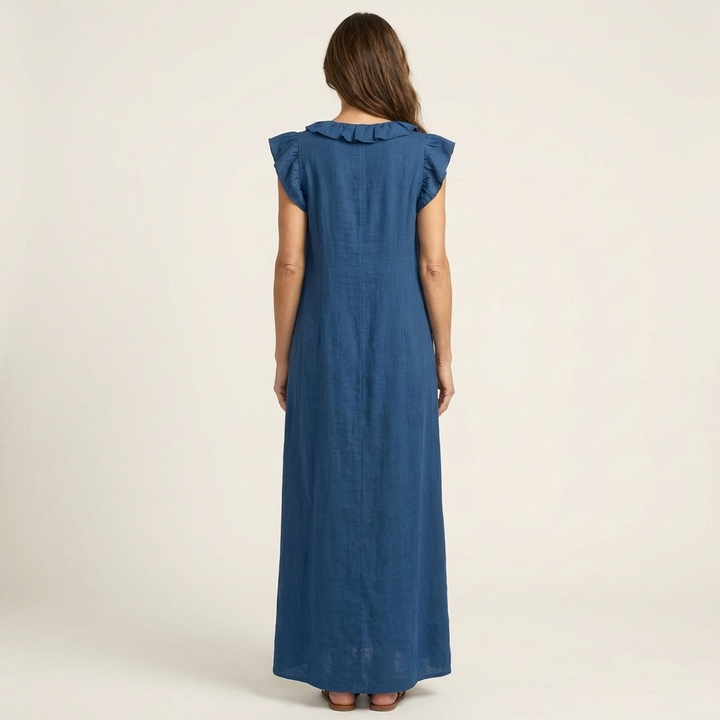 Josette Ruffle V-Neck Linen Maxi Dress