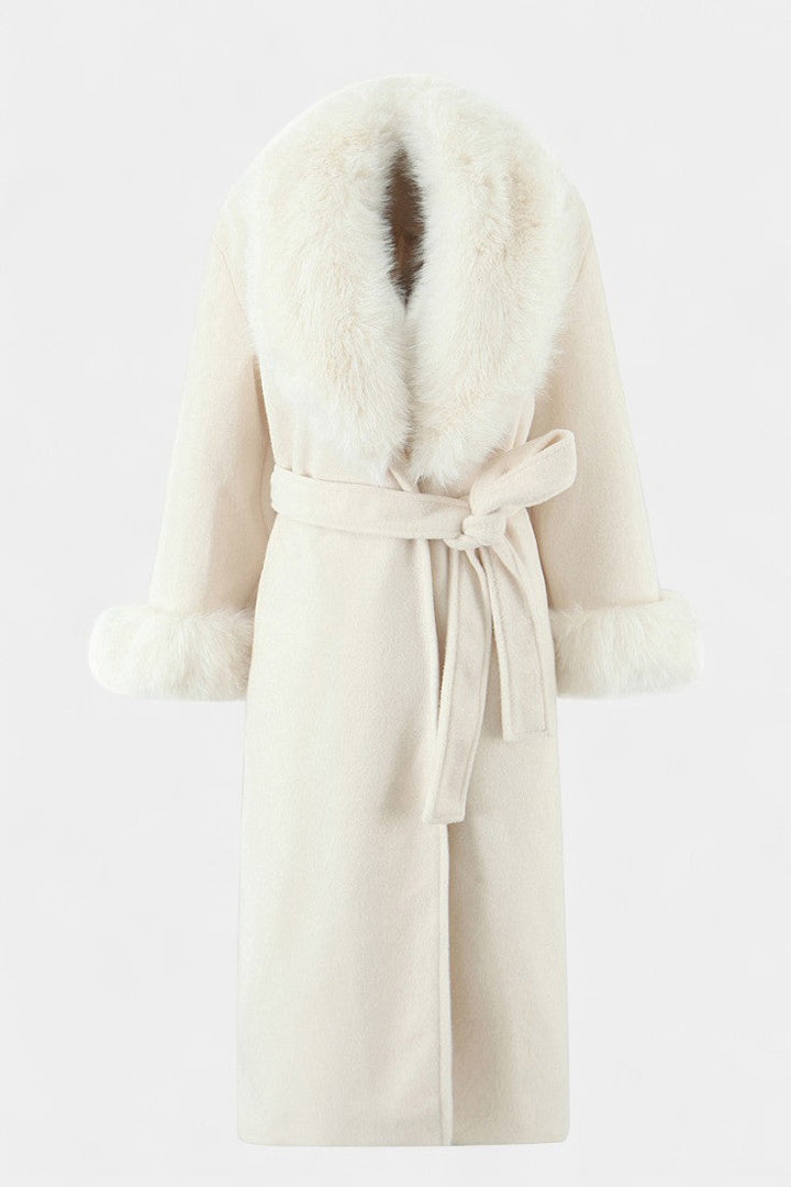 Lalie Long Belted Coat with Faux Fur Trim